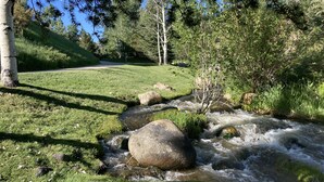 Ett vackert naturlandskap med en porlande bäck, stenar och träd.