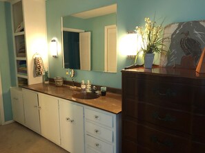 A bathroom with a sink, mirror, and cabinets. - River House with Pizzazz on the Upper Chattahoochee River (Demorest)
