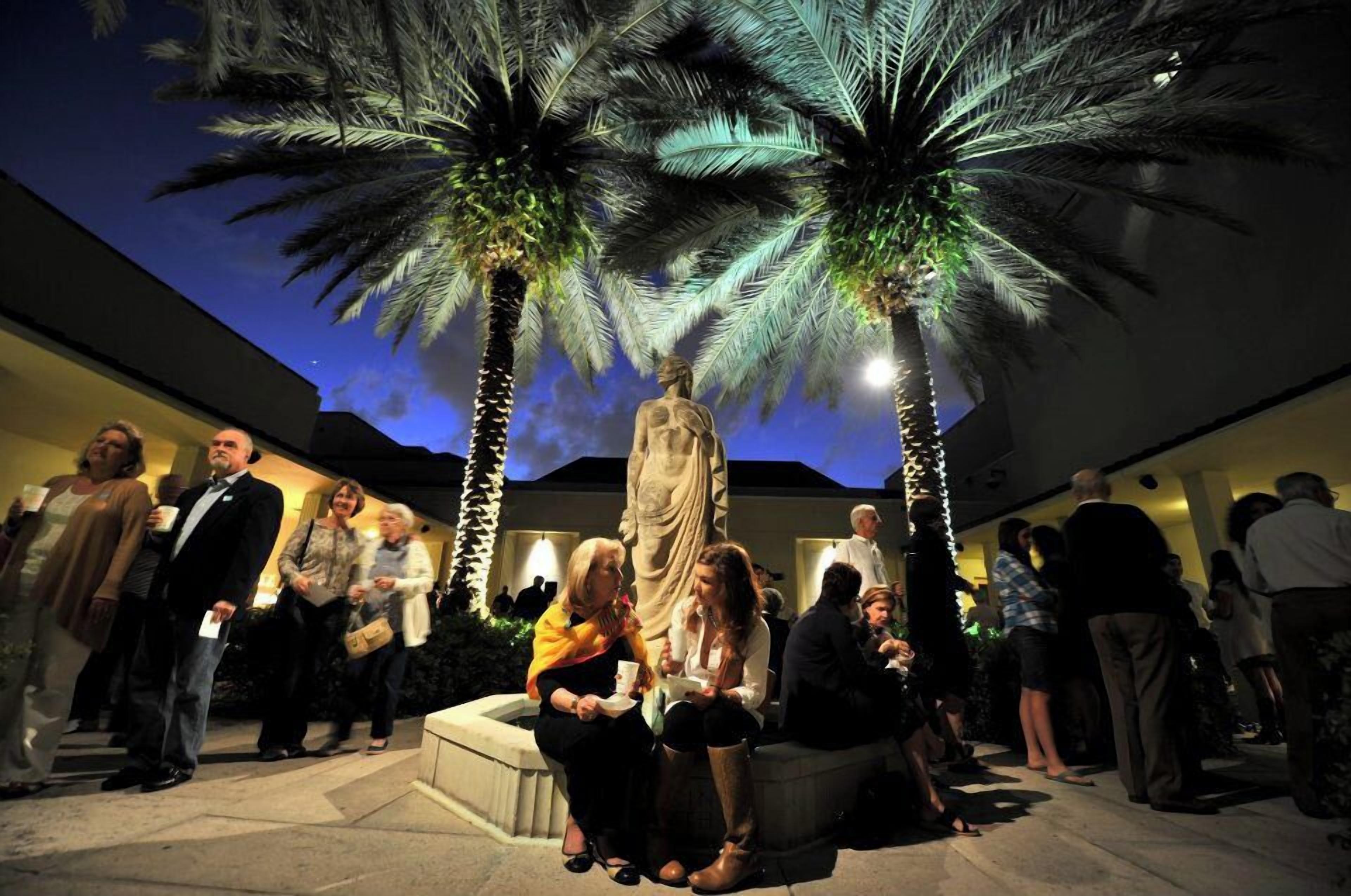 Un groupe de personnes s’est rassemblé autour d’une statue dans un espace extérieur agrémenté de palmiers et illuminé par le ciel nocturne.