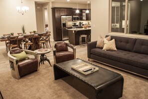 Smart TV, fireplace, DVD player, books