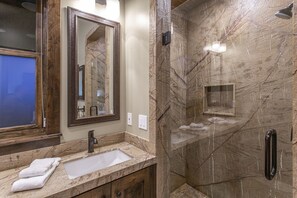 Combined shower/bathtub, hair dryer, towels, soap - Luxury private home w/ hot tub, steps from Main St. (sleeps 16) (Park City)