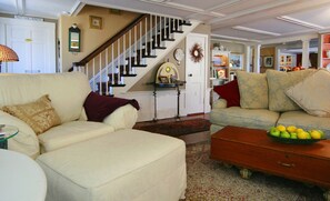 Smart TV, fireplace, DVD player, books