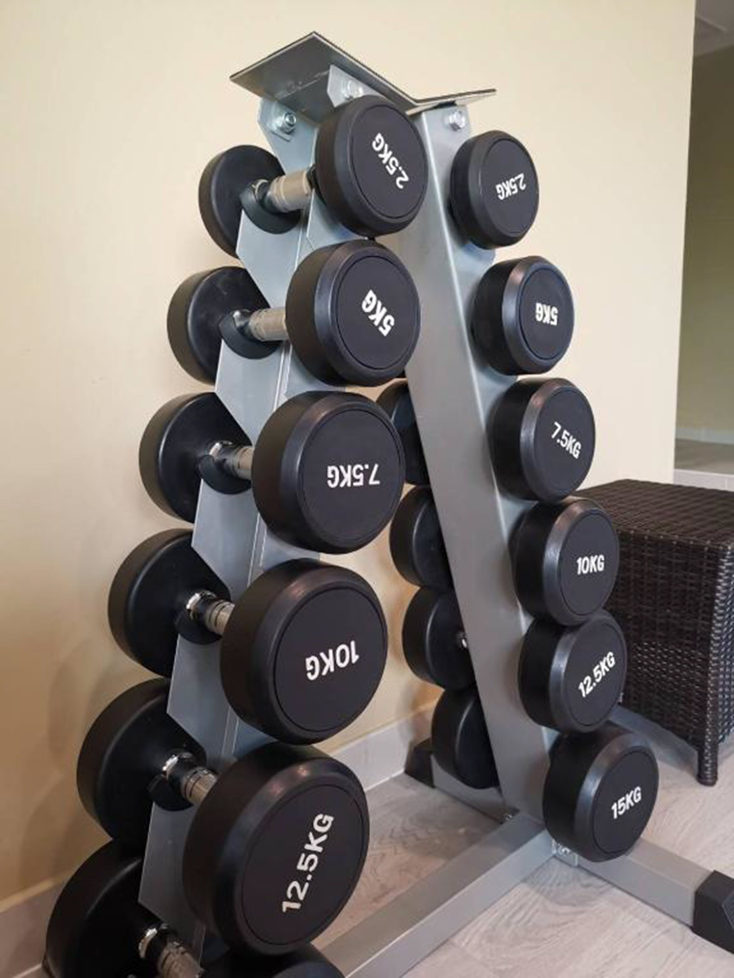 A wall-mounted dumbbell rack with weights ranging from 2.5kg to 15kg.