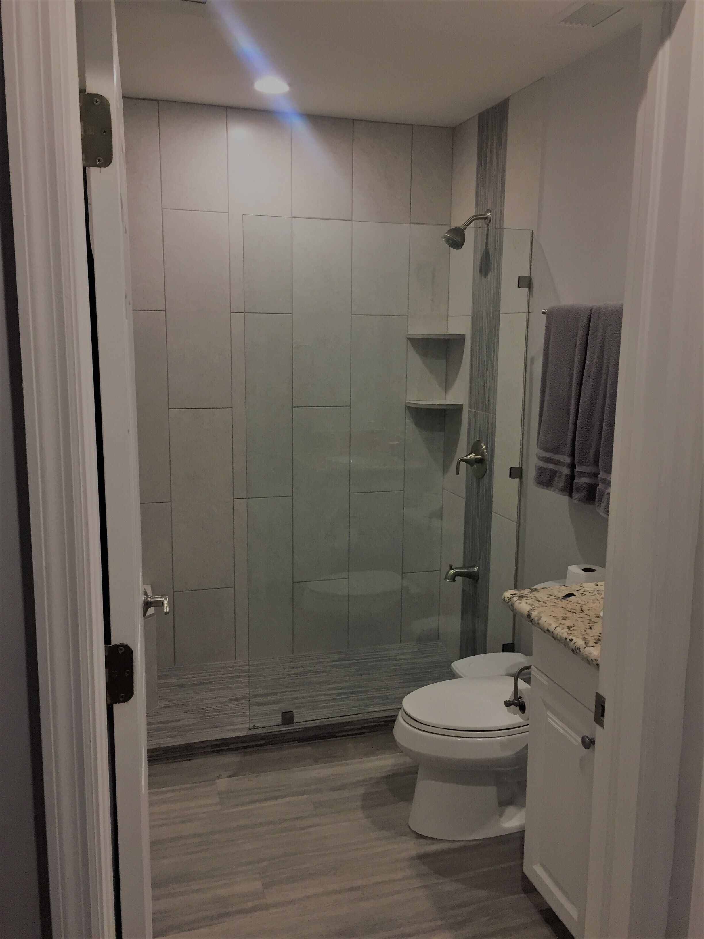 Une salle de bain avec douche, toilettes et lavabo.