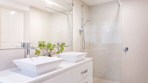 Douche, séchoir à cheveux, serviettes fournies, savon