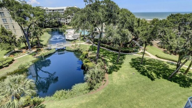 A resort with a pond, palm trees, and a view of the ocean. - Fully Updated Kitchen and Bathrooms with an Ocean View! (Hilton Head)