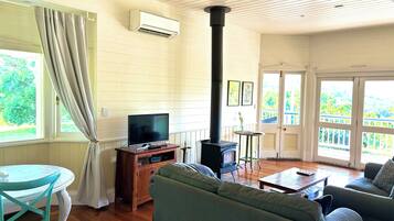 Smart TV, fireplace, books, stereo