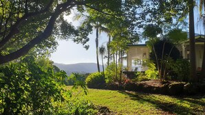 Una casa rodeada de abundante vegetación y cielo despejado.