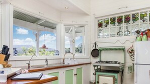 Una cocina con vista a las montañas, una estufa verde y un ventanal con diseño floral.