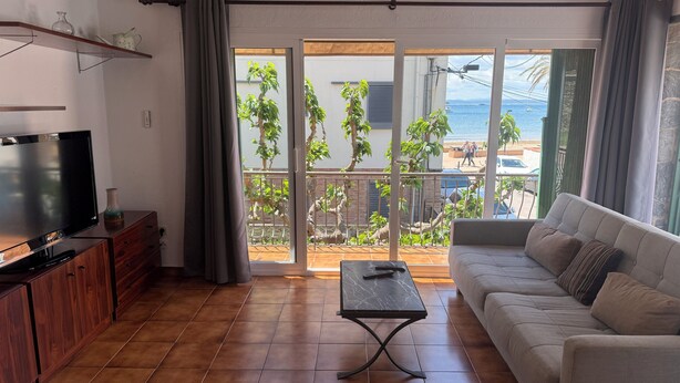 A living room with a TV, sofa, and a table. - Agi La Pinta 41 Apartamento for rent in Roses Girona. (Rosas / Roses)