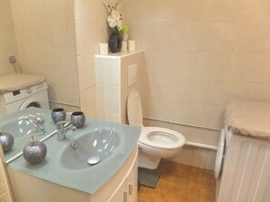 Chuveiro, secador de cabelo, toalhas de banho, papel higiênico
