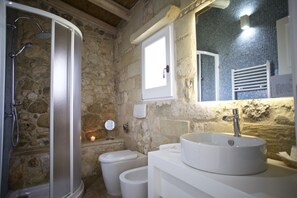 Shower, hair dryer, bidet, towels