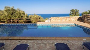 A swimming pool with a view of the sea, surrounded by stone walls and trees.