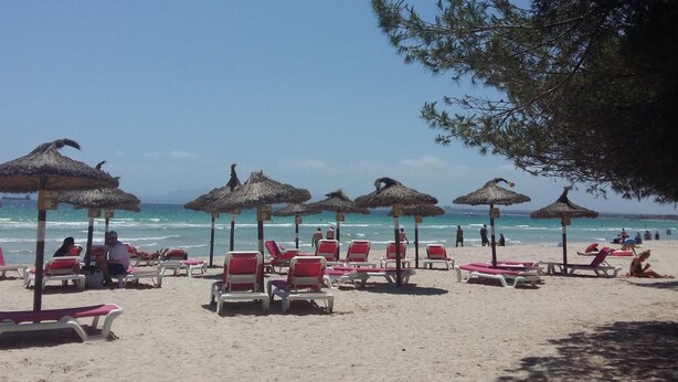 Una playa con sombrillas de paja, sillas reclinables rojas y blancas, y una vista despejada del mar.
