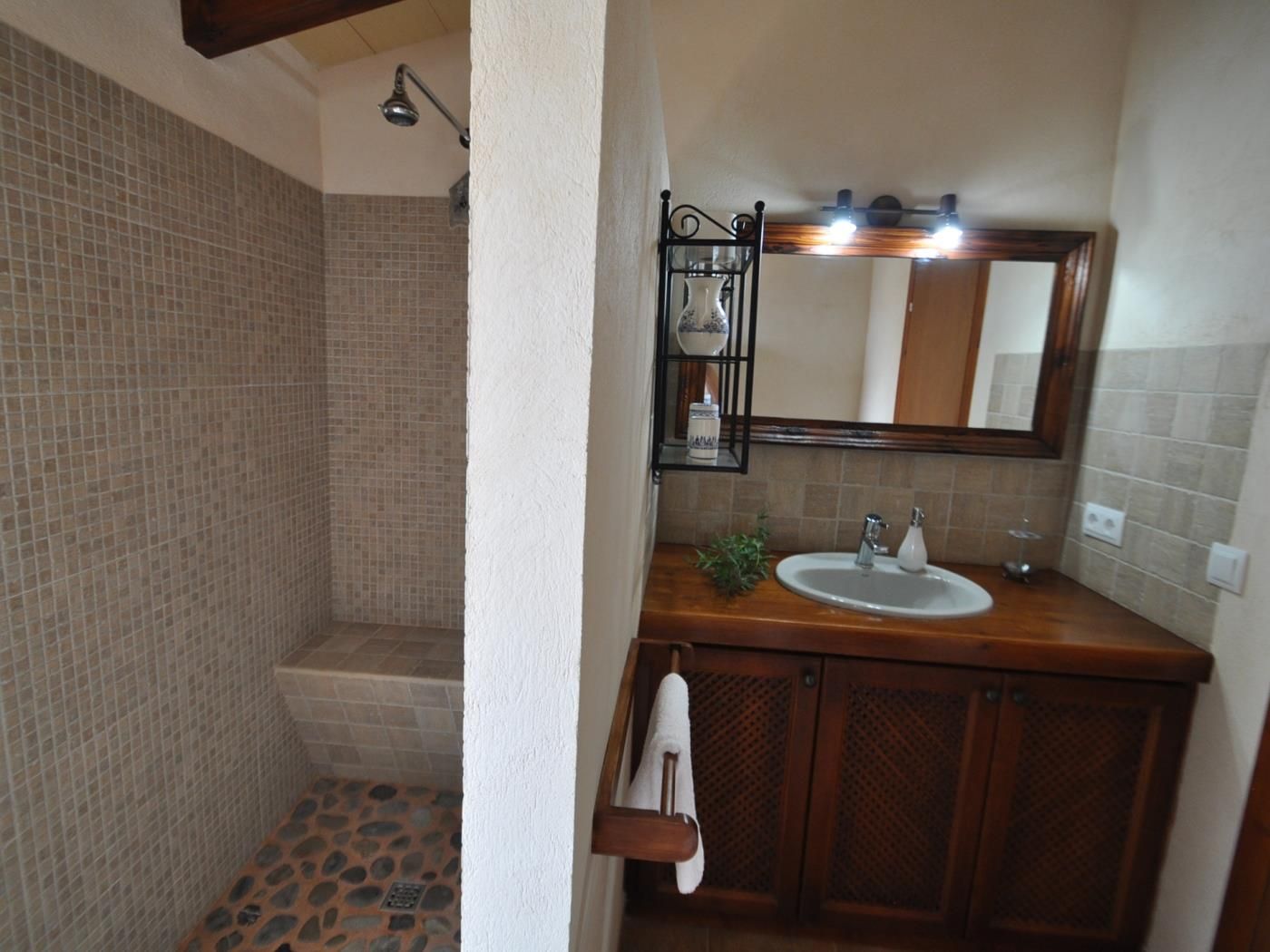 A bathroom with a shower, a sink, and a mirror.
