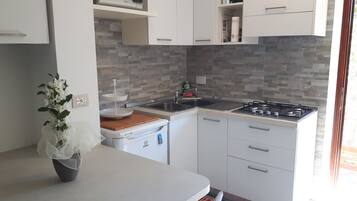 Kühlschrank, Mikrowelle, Herdplatte, Wasserkocher mit Kaffee-/Teezubehör