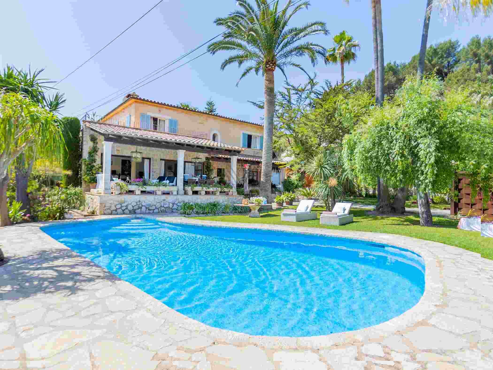 A house with a swimming pool, surrounded by palm trees and greenery.