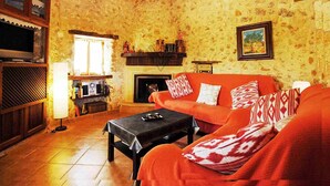 A cozy living room with a stone wall, a fireplace, a television, and a sofa with patterned cushions. - Figuera Blanca (Buger)