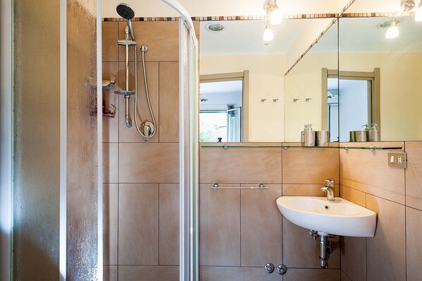 Shower, hair dryer, towels