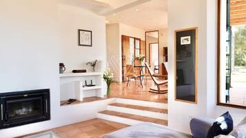 Televisie, een open haard en een tafeltennistafel