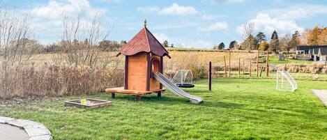 A wooden playhouse with a slide, surrounded by a grassy field and a pond.