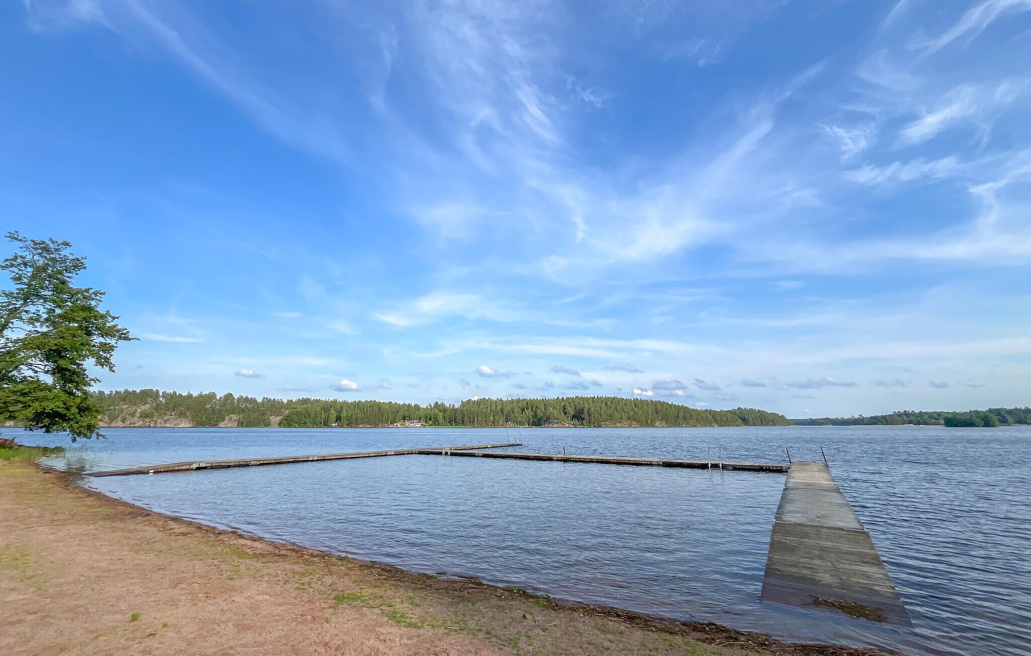 Ein ruhiger See mit einem hölzernen Steg, der sich ins Wasser erstreckt, umgeben von Bäumen und einem klaren Himmel.