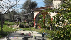 A playground with swings, a sandbox, and a tire fire pit.