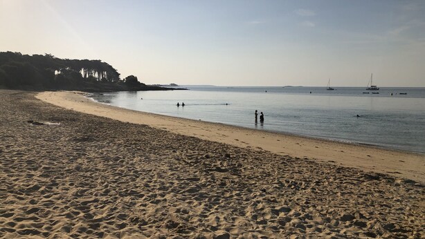 A beach with a sandy shore, calm water, and a few boats in the distance.