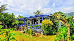 Una casa con techo azul y porche cubierto, rodeada de abundante vegetación y un paisaje montañoso.