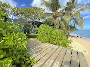 A wooden deck leading to a beach with palm trees and a house in the background.