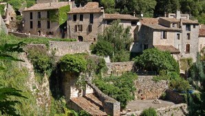 Un pueblo histórico con edificios de piedra, calles estrechas y abundante vegetación.