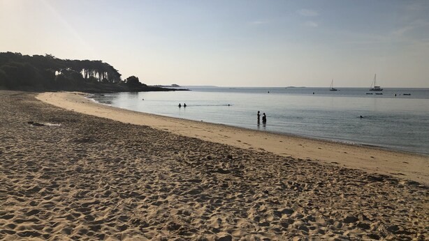 Una spiaggia con un litorale sabbioso, acque calme e barche in lontananza.