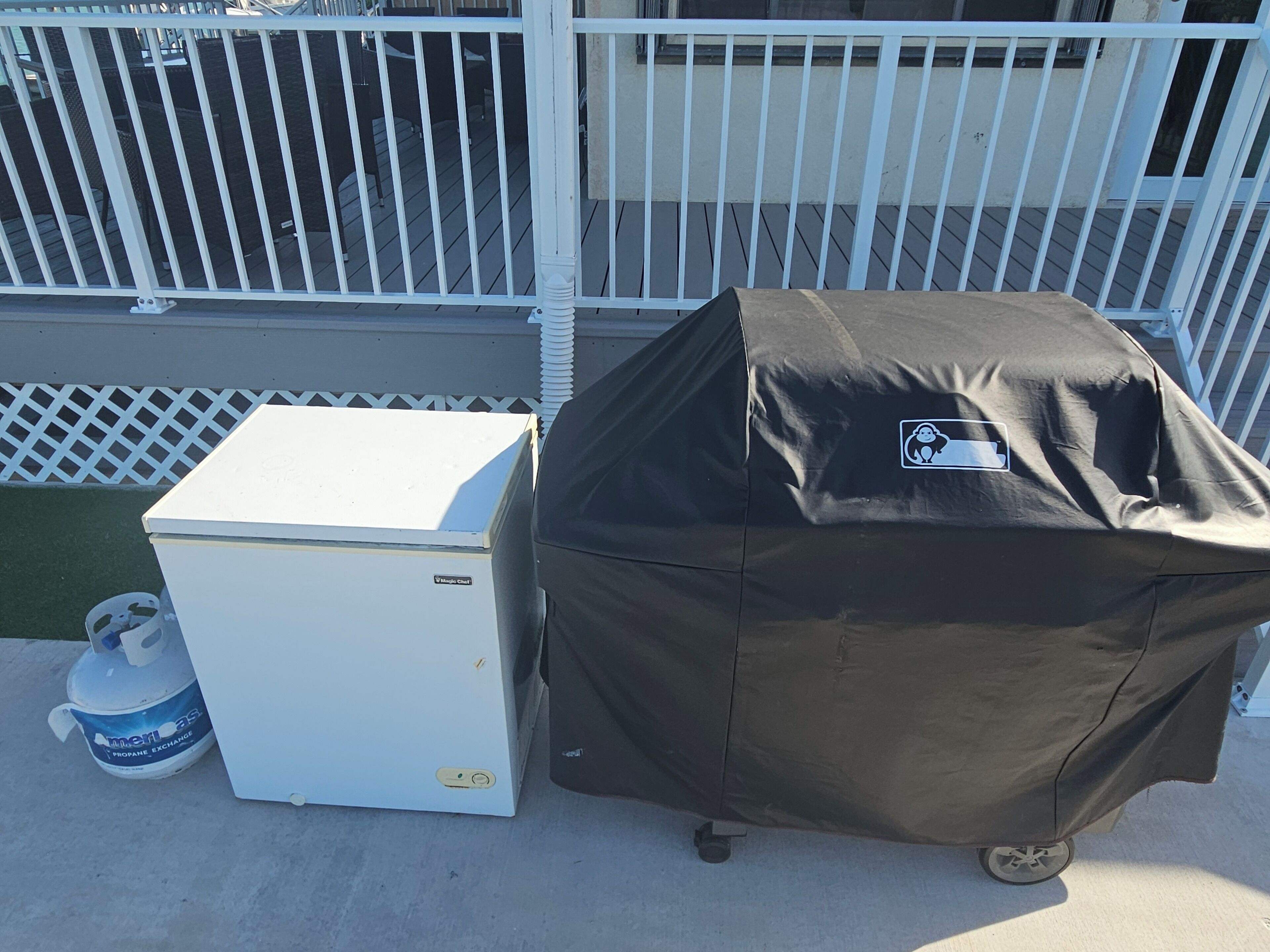 Weber propane grill (with two tanks so you don't run out) and bait freezer.