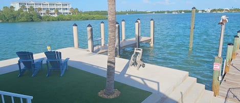 A dock with chairs and a palm tree, leading to a pier with steps.