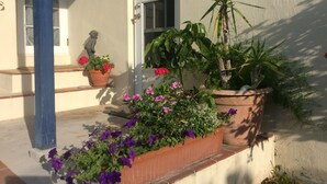 Un bâtiment à l’extérieur blanc, avec un pilier bleu et une porte. On y trouve des plantes en pot, certaines fleuries, ainsi qu’une statue sur les marches.