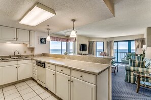 Fridge, microwave, oven, stovetop - Spacious Corner Unit, Beautiful Views, Outdoor Pool | Crescent Tower II - 605 (North Myrtle Beach)