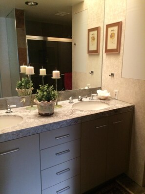 Combined shower/bathtub, hair dryer, towels, soap