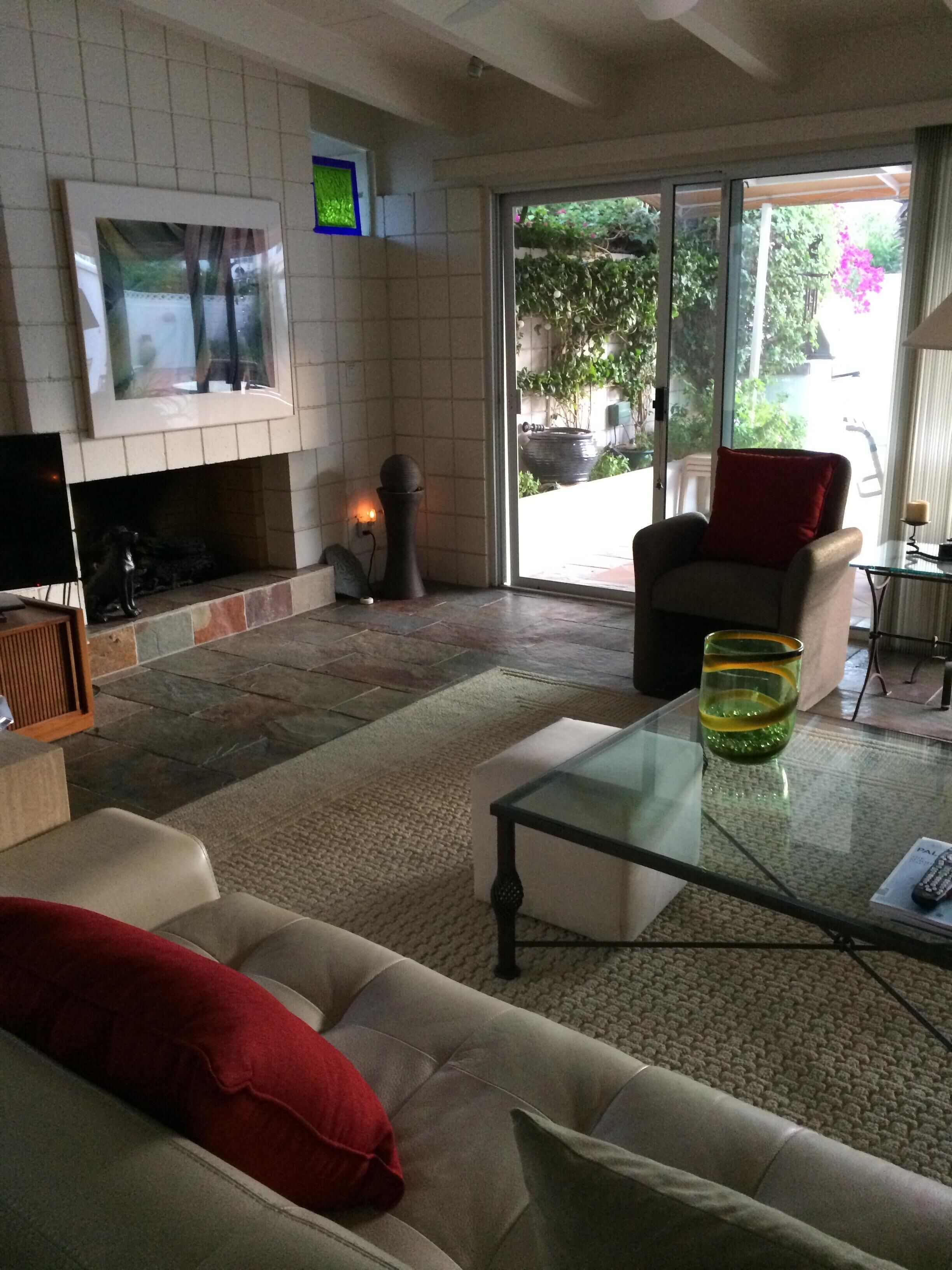 TV, fireplace, books, music library