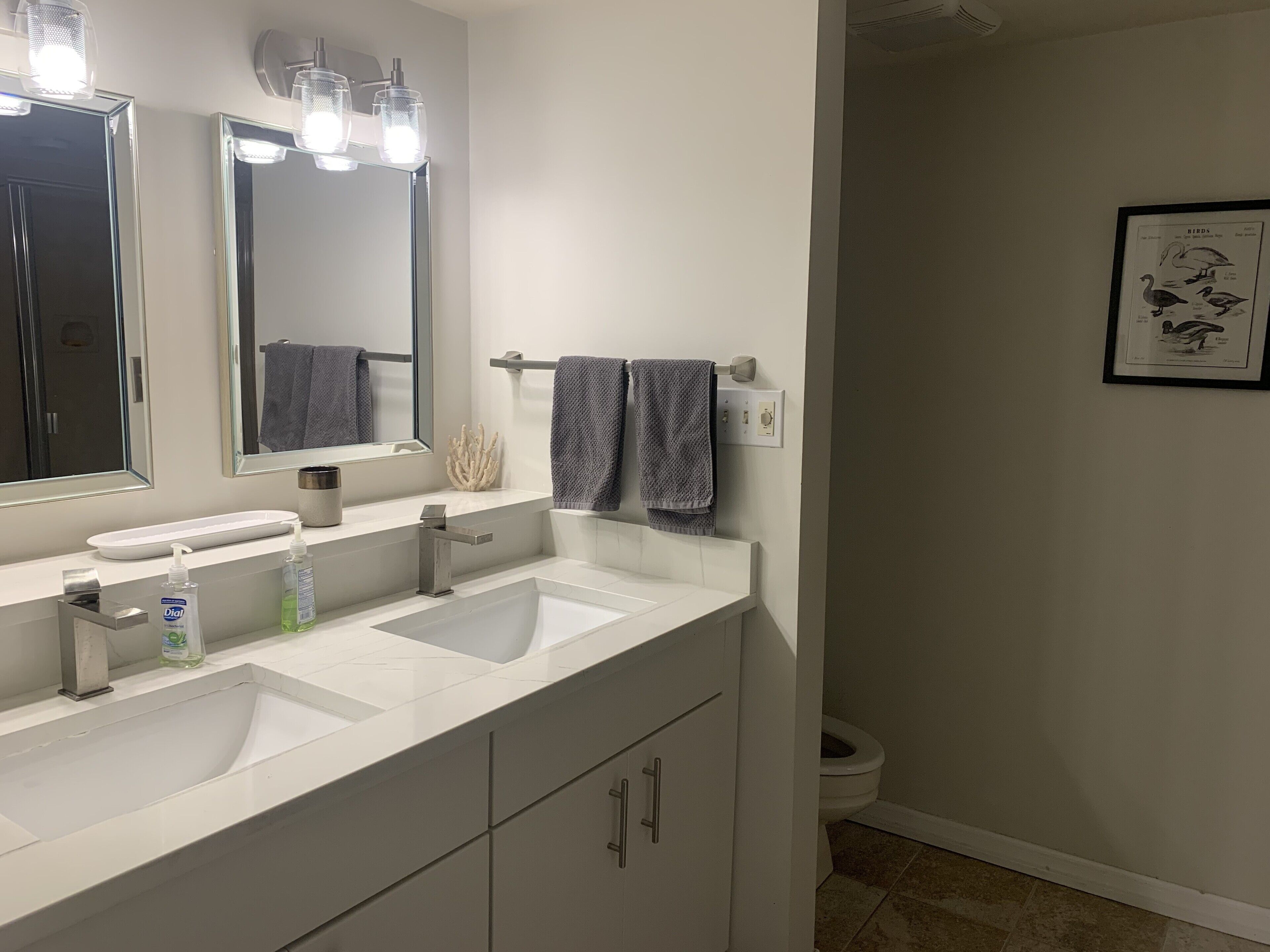 Ein modernes Badezimmer mit zwei Waschbecken, einem großen Spiegel und einer gerahmten Vogelillustration an der Wand.