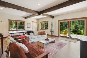 Smart TV, fireplace, ping pong, books