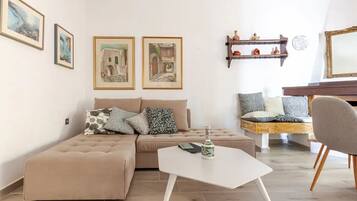 Smart TV, fireplace, books