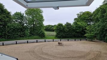 A view from a window overlooking a gravel area with a stone bench, surrounded by trees and a chain-link fence.