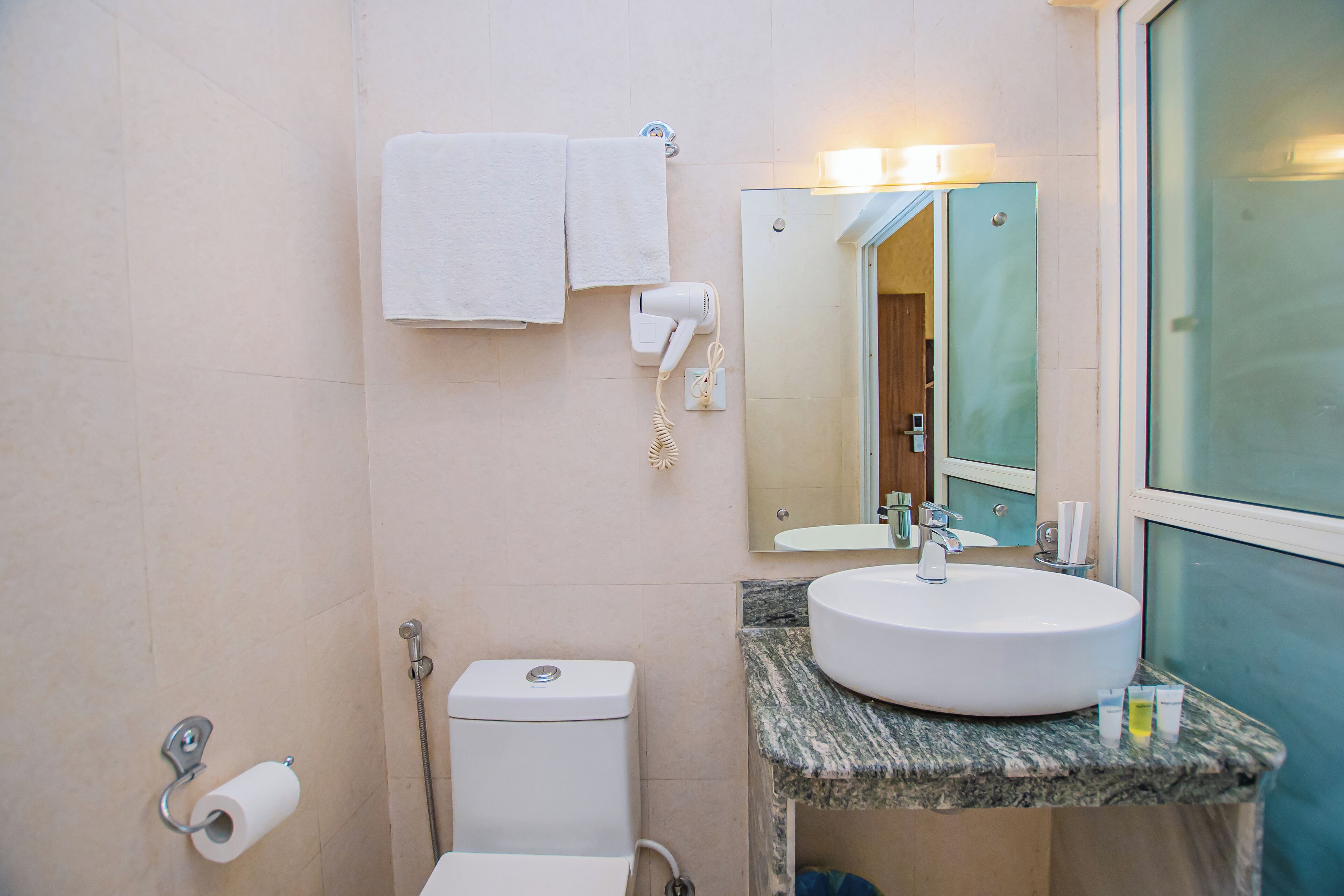 A bathroom with a toilet, a sink, a towel rack, a hairdryer, and a mirror.