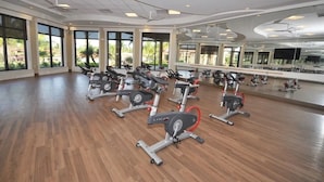 Un gimnasio amplio con varias máquinas de cardio, ventanas grandes y un espejo grande.