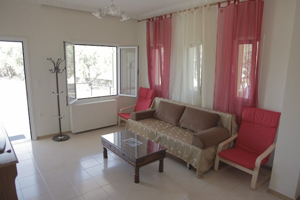 Televisión, chimenea, reproductor de DVD y videoteca