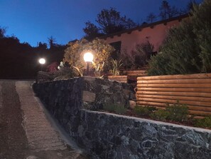 A stone pathway leading to a building with a wooden fence and a well-lit garden area.