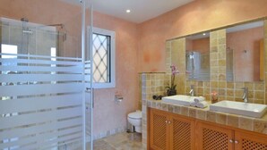 A bathroom with a shower, toilet, and a vanity with a mirror. - Charming Villa with Sea Views & Pool (Andratx)