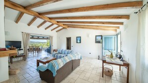 A spacious living area with a sofa, a dining table, and a view of the outdoors.
