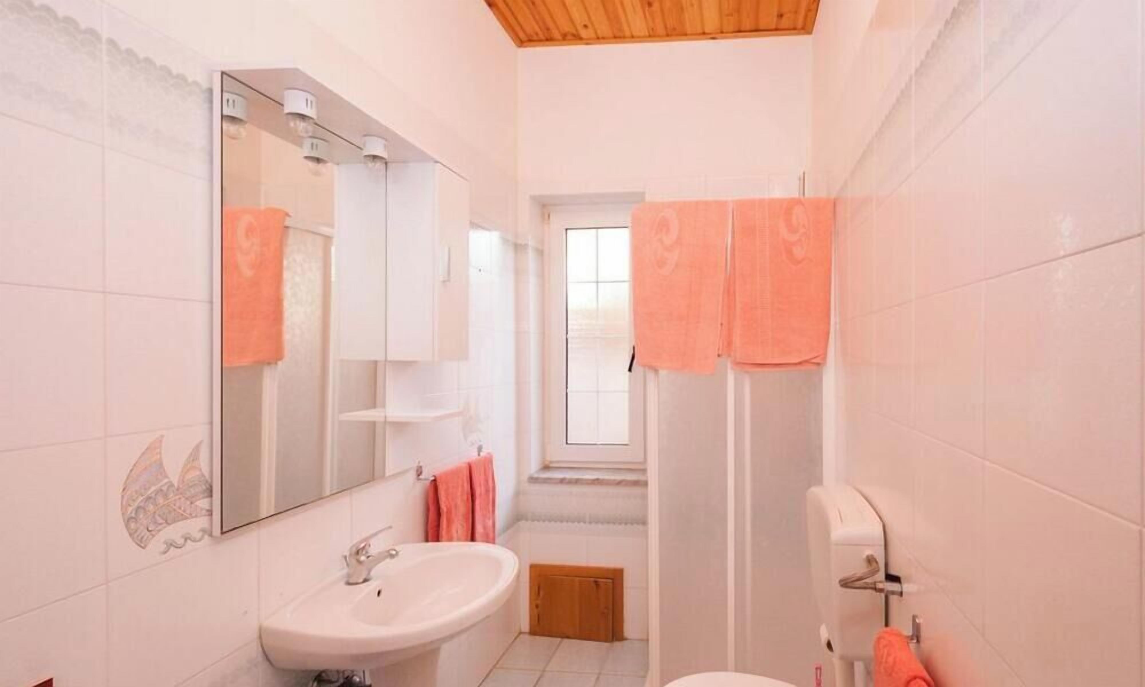 Une salle de bain équipée d’un lavabo, d’un miroir, d’une douche et de toilettes.
