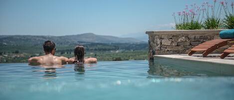 Outdoor pool, a heated pool, pool loungers